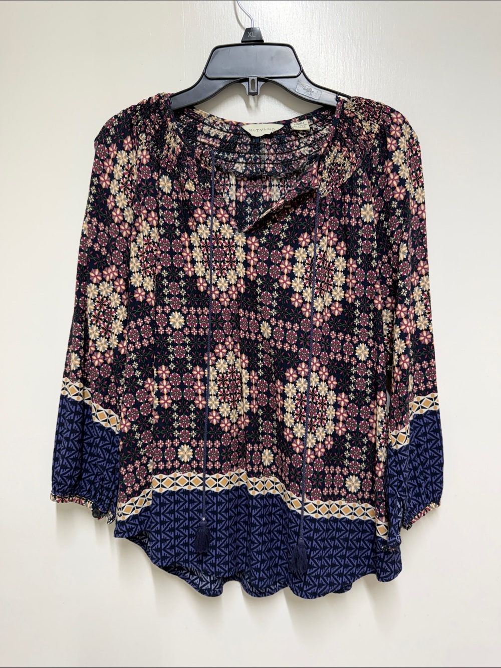 Boho Floral Peasant Top with Tassel Tie - Navy, Pink & Cream